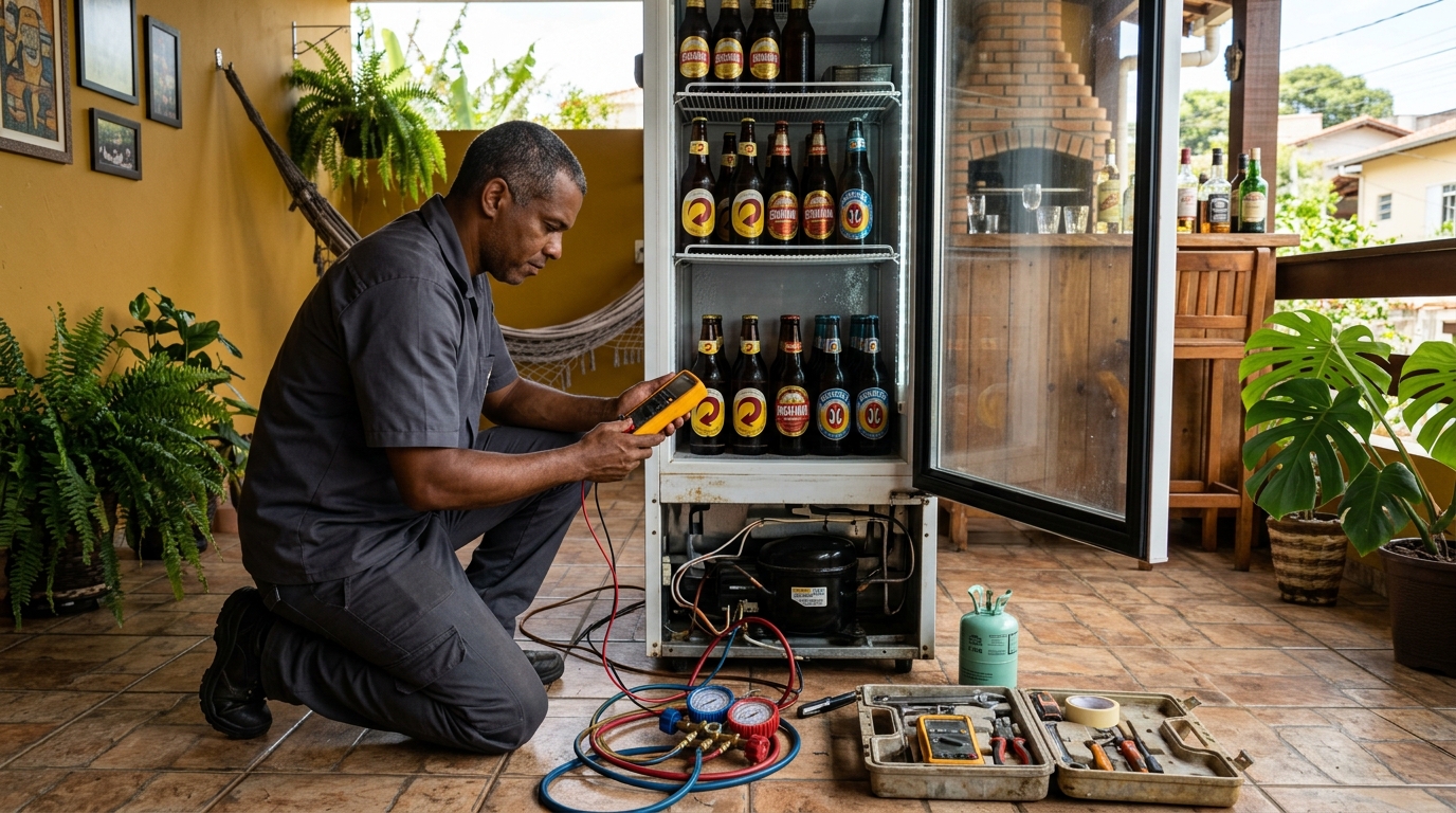 Placa eletrônica de cervejeira em reparo na bancada em Betim‑MG
