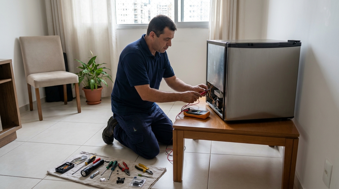 Técnico avaliando um frigobar compacto durante atendimento em Betim‑MG